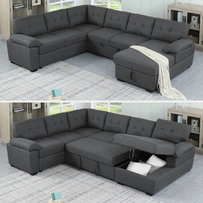 A dark gray u shaped sectional is shown with and without its pull out bed