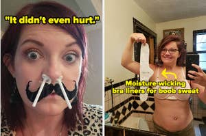a reviewer with a mustache nose hair removal kit in their nose and text that reads "it didn't even hurt"; a reviewer holding up a bra liner and text that reads "moisture-wicking bra liners for boob sweat"