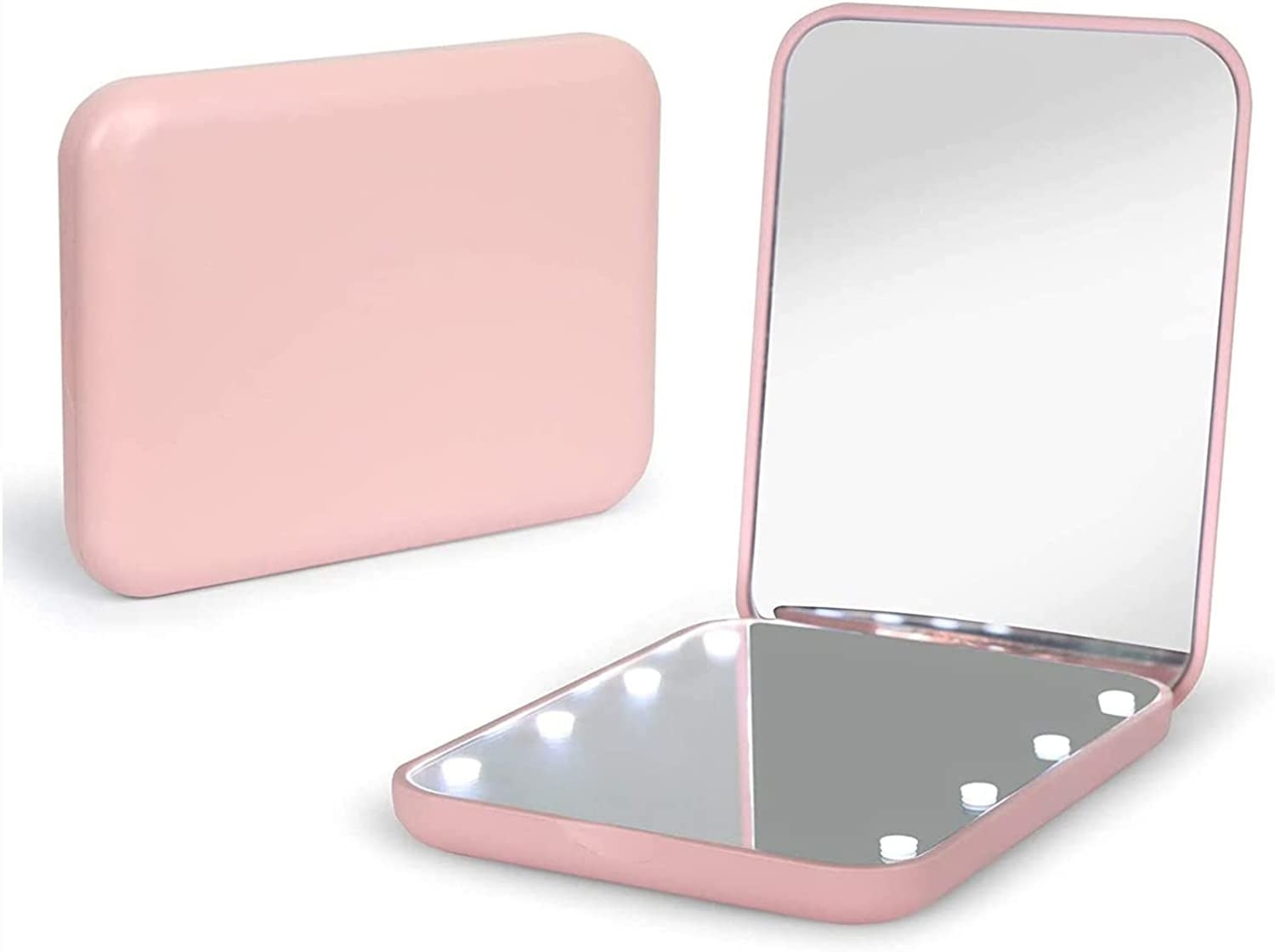 a light-up mirror shown folded and unfolded on a blank background