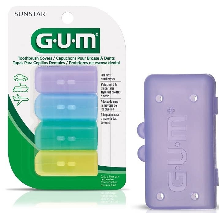 a pack of four tooth brush covers on a blank background