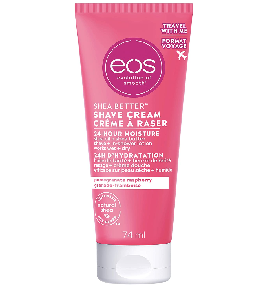 a tube of eos shea butter shave cream against a blank background