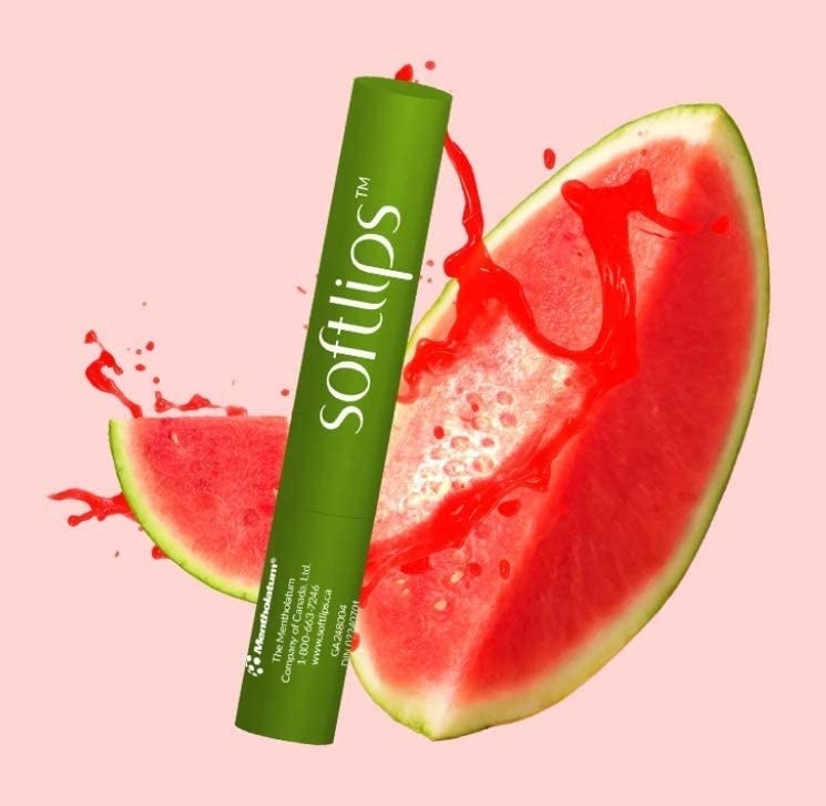 a tube of soft lips spf lip balm in front of a watermelon graphic