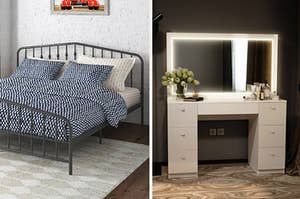 on left, dark blue bedding with white pattern on bed in room. on right, white vanity with rectangle LED mirror on top