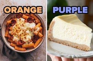 On the left, some ziti with sausage and cheese labeled orange, and on the right, a slice of cheesecake labeled purple