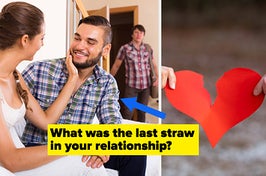 A man finds his wife flirting with another man as he walks into his house, two people rip a paper heart in half