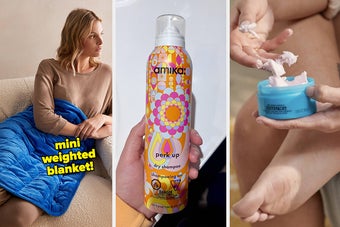 a person with a small weighted blanket, a person holding a bottle of dry shampoo, and a person putting food cream on their feet