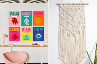 A set of bright travel posters and a macrame wall hanging