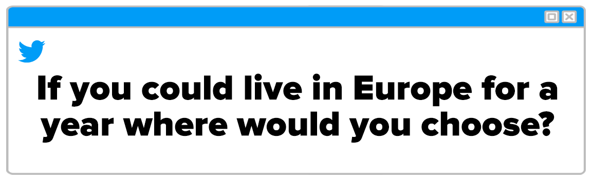 Twitter Box and the question reads: &quot;If you could live in Europe for a year where would you choose?&quot;