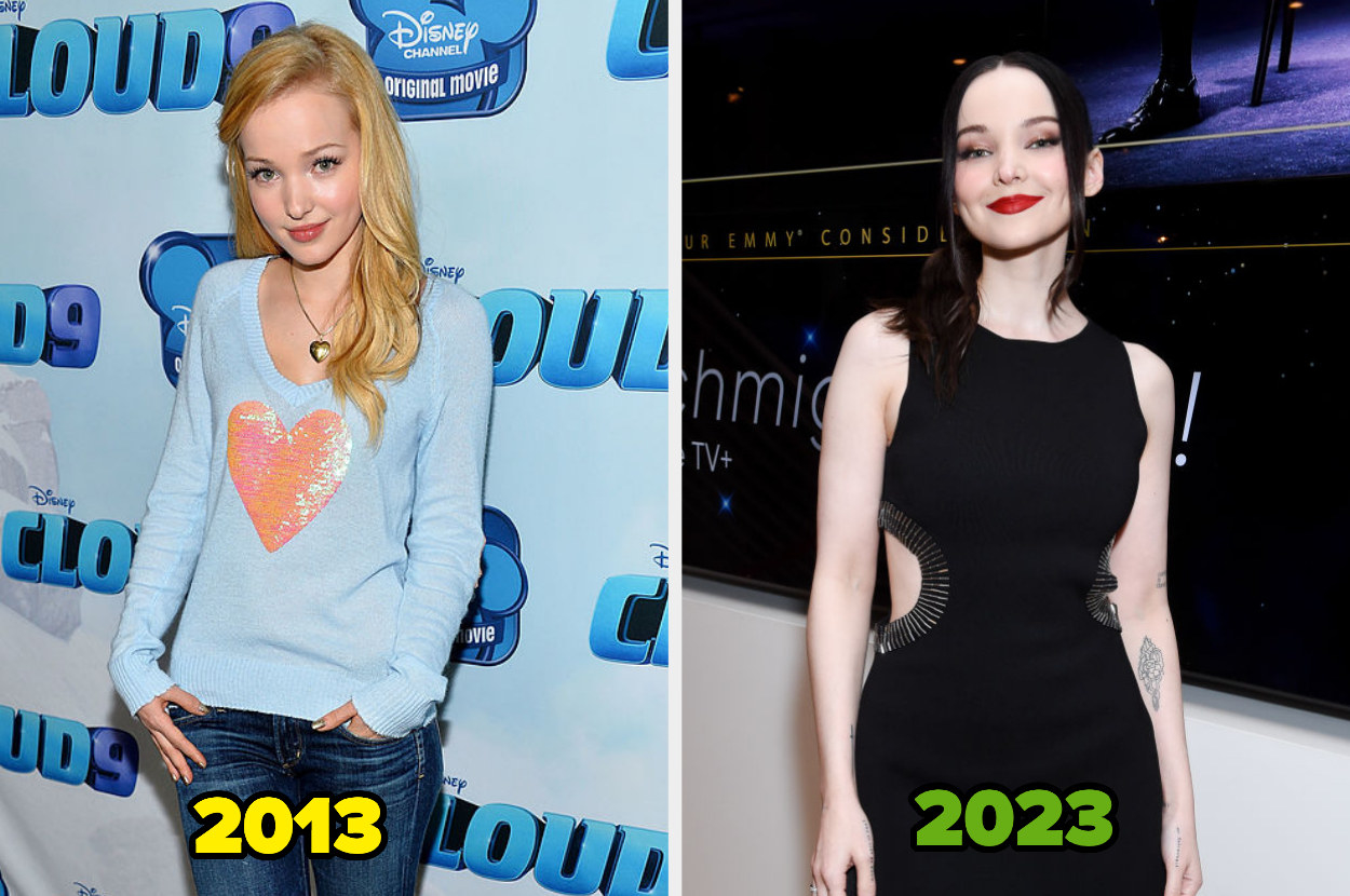 dove in a heart sweatshirt in 2013 and in a bodycon cutout dress in 2023