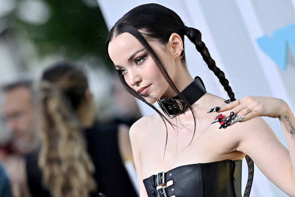 closeup of dove in pigtail braids and leather choker necklace