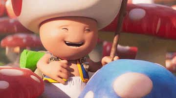 Toad in The Super Mario Bros. Movie patting a blue mushroom and saying &quot;that one's perfectly fine&quot;