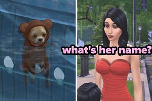 a dog in the sims next to a woman in the sims