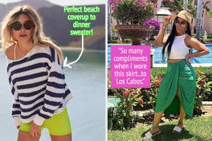 (left) striped sweater (right) green skirt