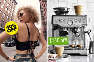 on left, Aerie model wearing black lace-up bralette and camo-print leggings. on right, silver Breville espresso maker brewing espresso