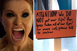 woman screaming as she is possessed by a demon next to a sign that warns customers that the boss takes all the employees' tips