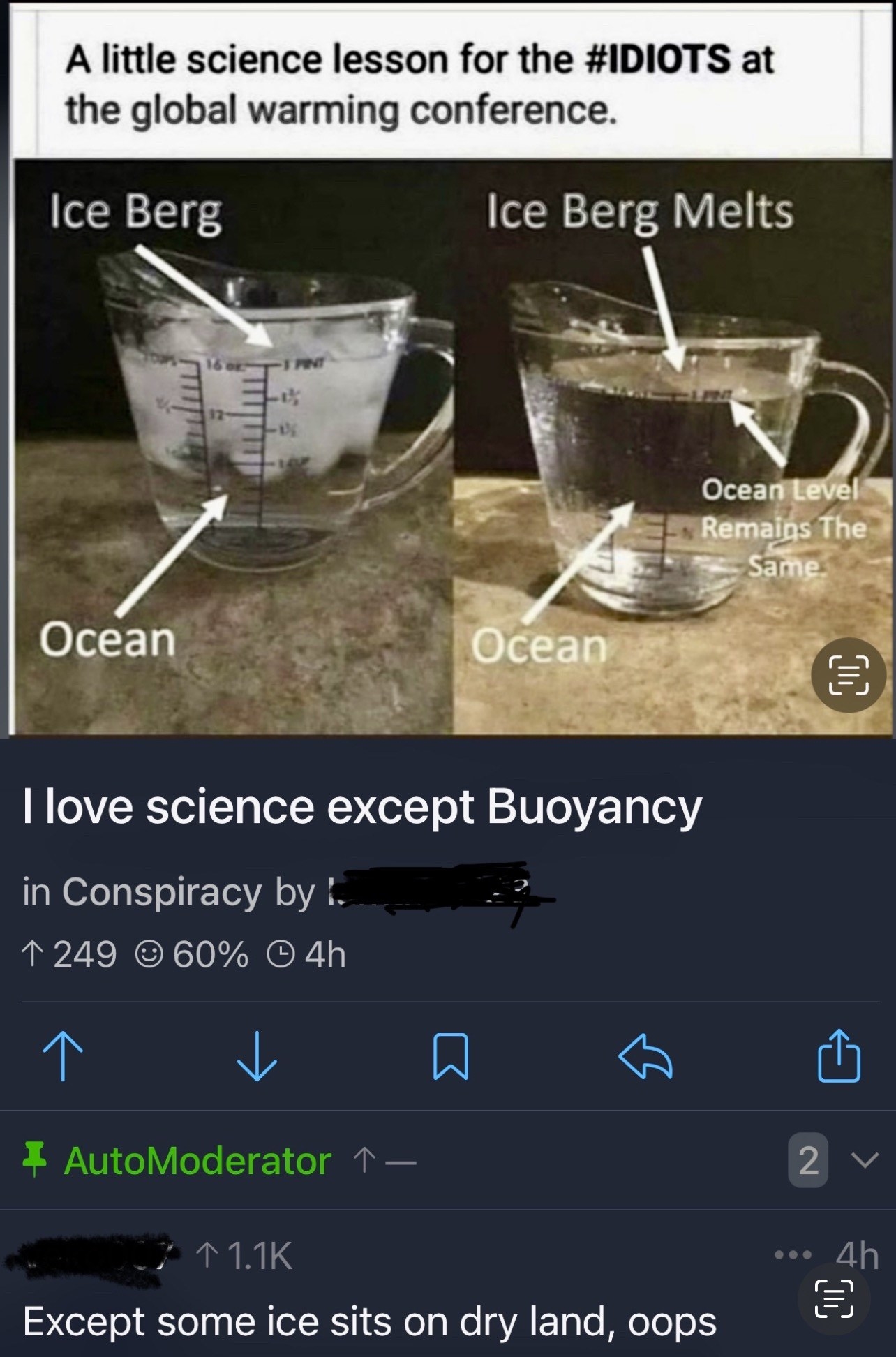 A person claiming global warming isn't an issue puts ice and water in a measuring cup and shows that when the ice has melted, the volume is the same; someone responds "except some ice sits on dry land, oops"