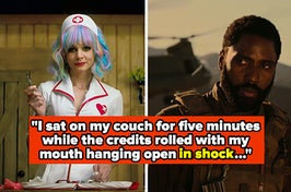 Promising Young Woman and Tenet with text reading: "I sat on my couch for five minutes while the credits rolled with my mouth hanging open in shock"