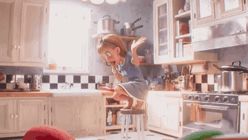Mario and Luigi pop up with tools in their hands in the kitchen of an upset woman with a clogged sink