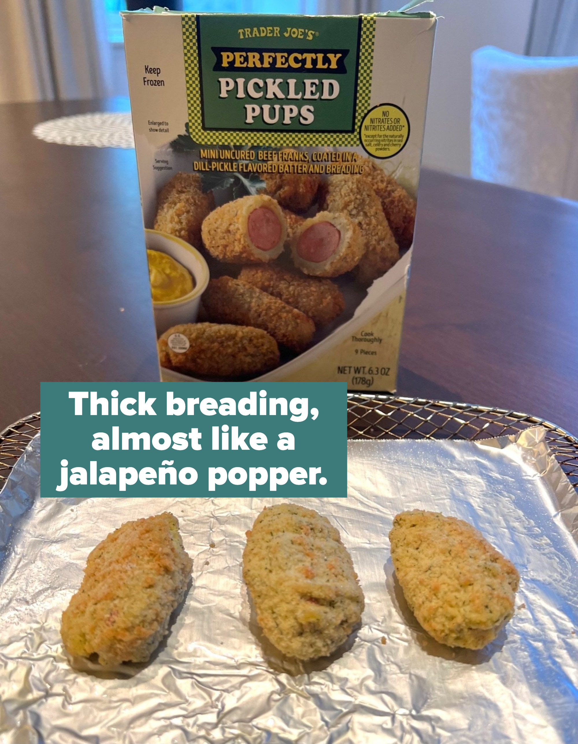 Pickled pups on a lined air fryer rack.