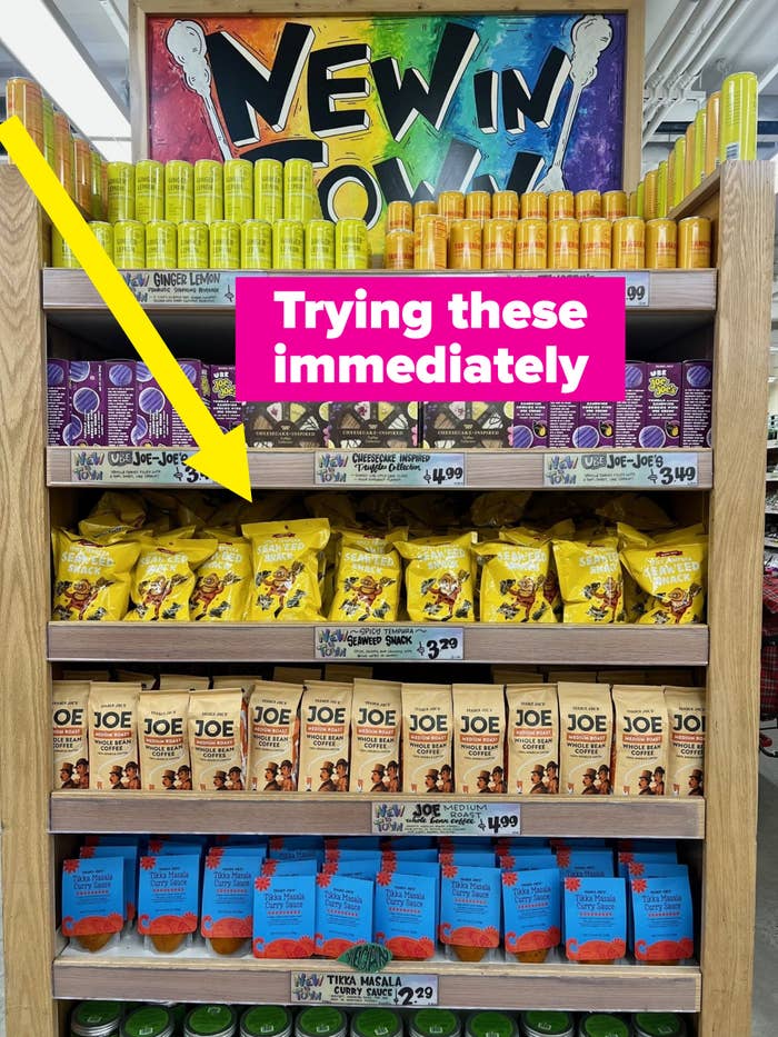 New Trader Joe&#x27;s products on a shelf.