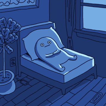 A drawing of a blue character in bed with eyes wide awake and looking panicked