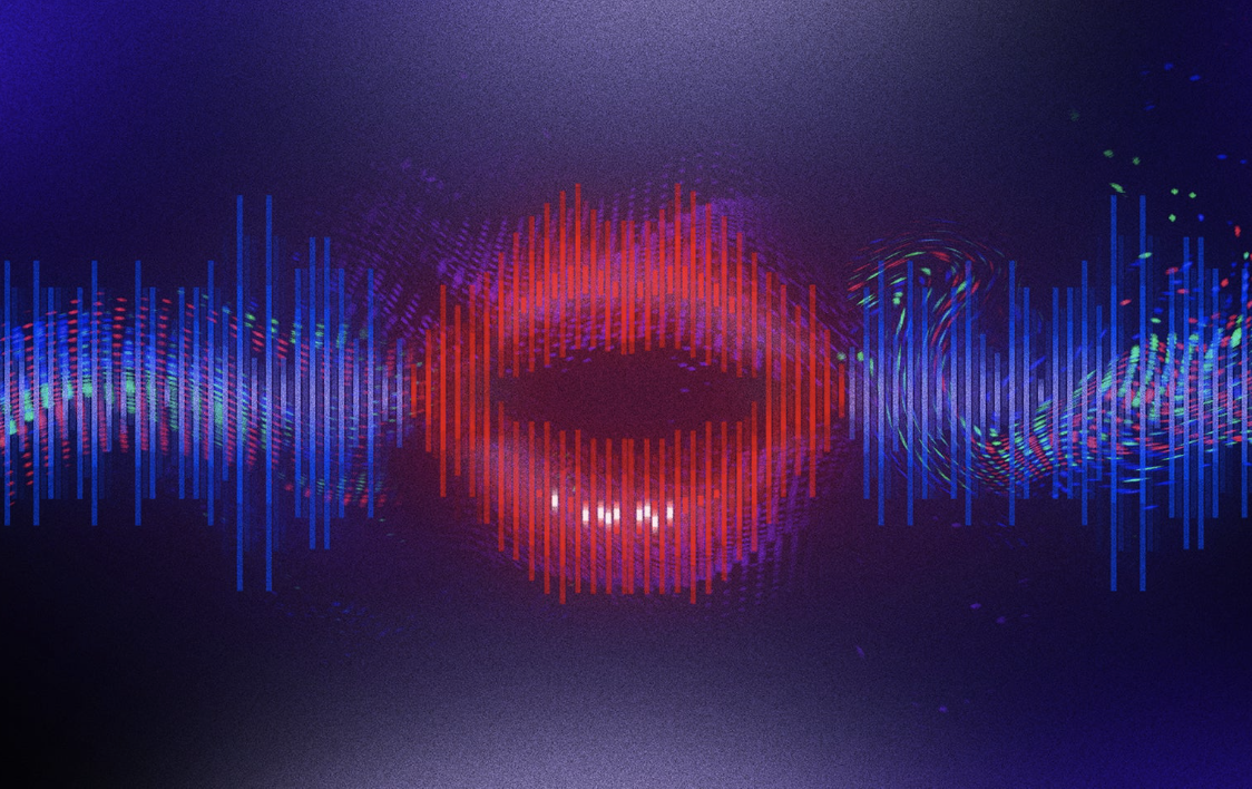 an illustration of digitized lips in front of an audio recording