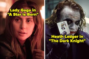 Lady Gaga in A Star is Born side by side with Heath Ledger in The Dark Knight
