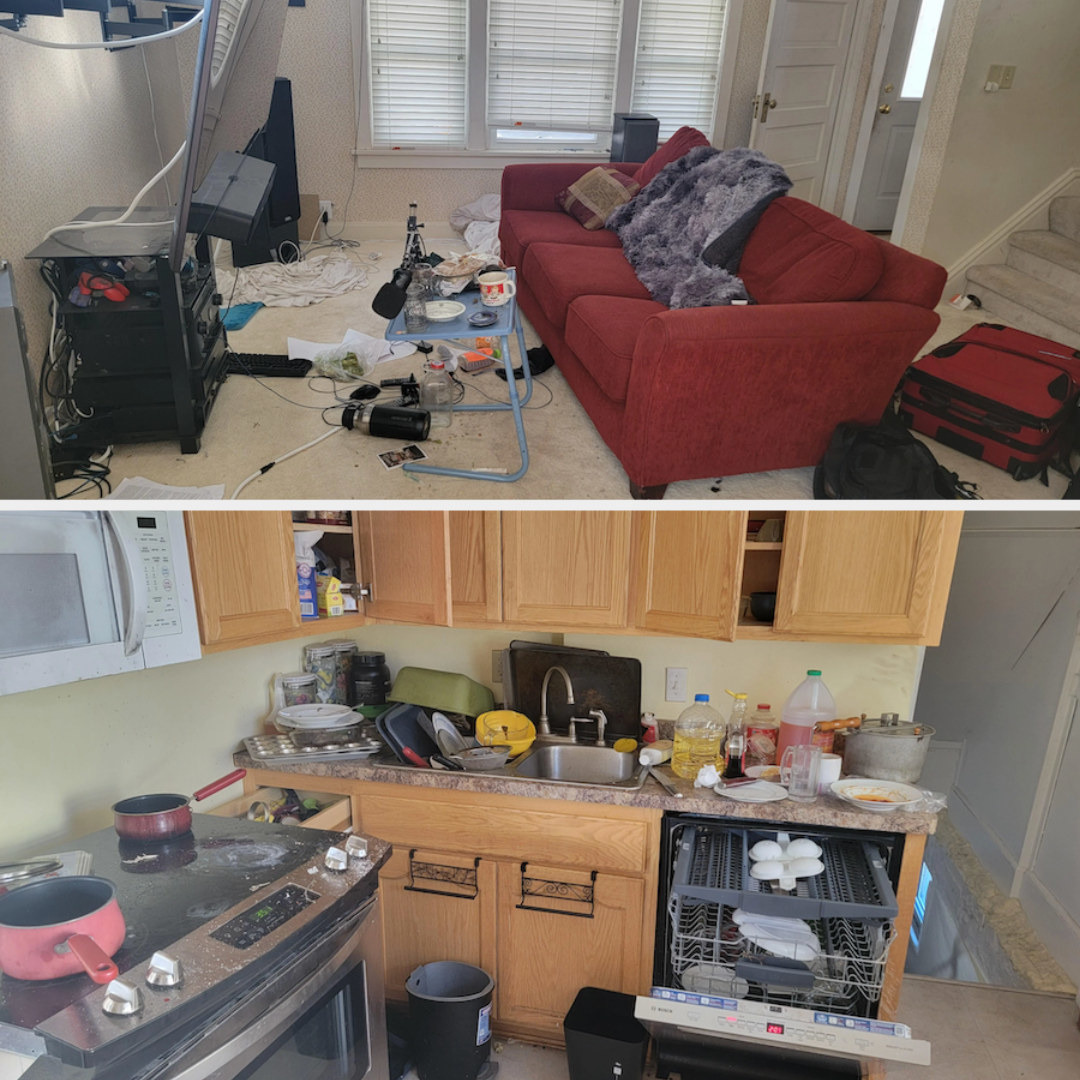 mess in the living room and dirty dishes everywhere in the kitchen