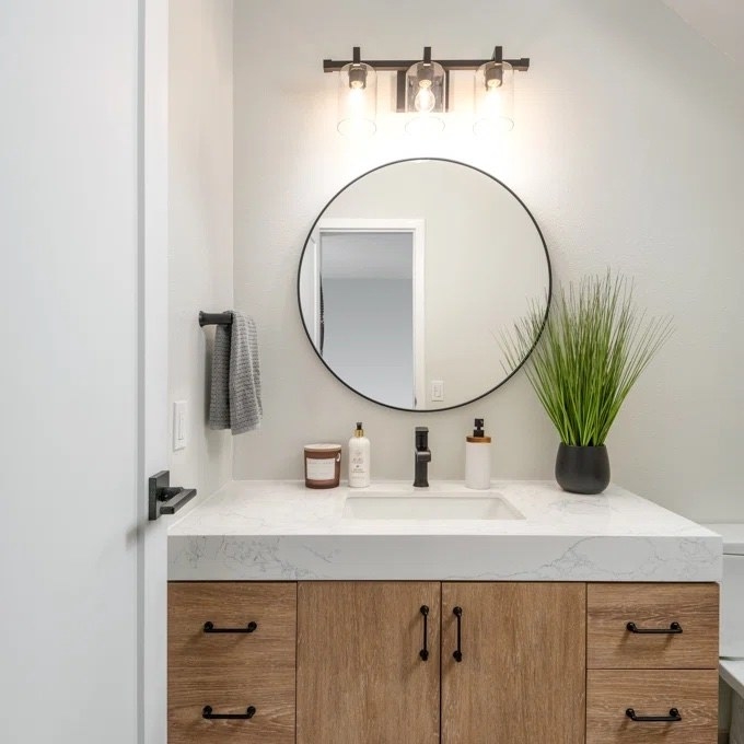 A reviewer&#x27;s white and brown vanity with white products on it and a plant