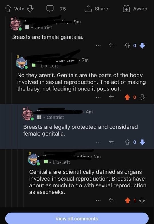 一个人说,“胸部是受法律保护的,被认为是女性genitalia"