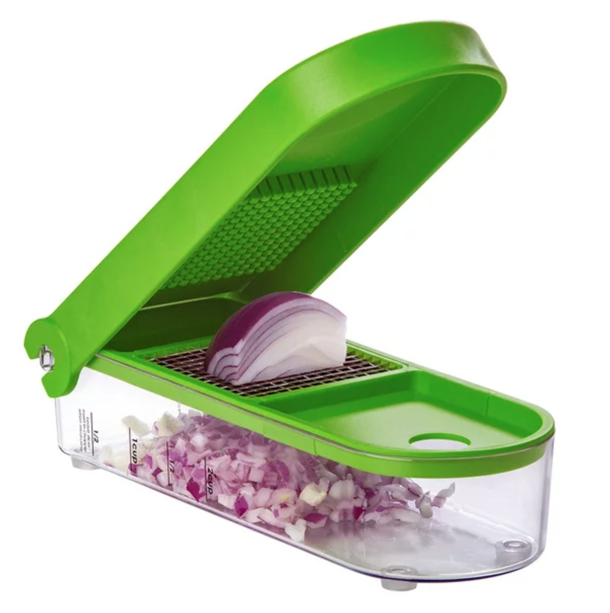 the green chopper with a red onion on the dicing plate and more diced red onion inside
