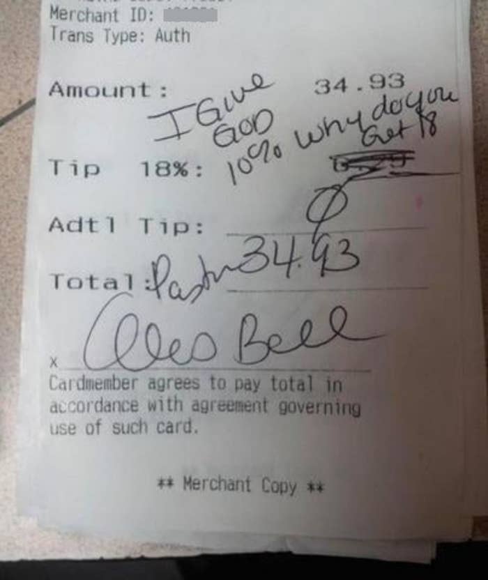 A receipt with zero tip