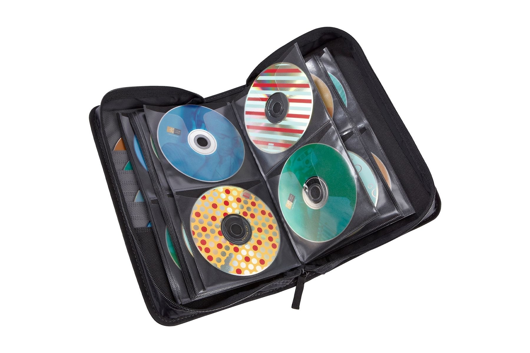 A CD carrying case filled with CDs