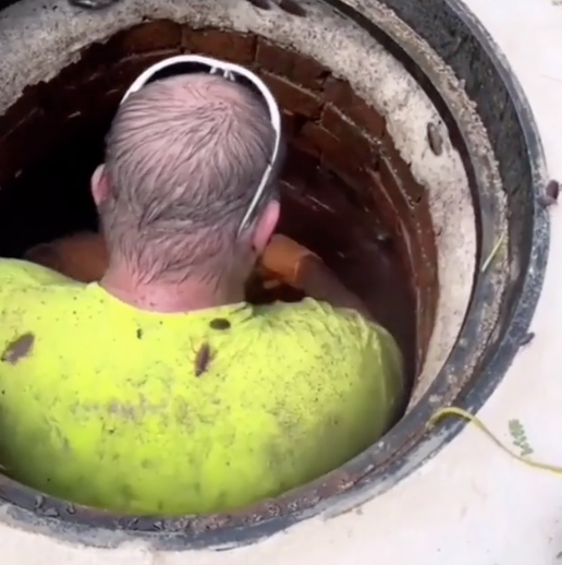 A man in a sewer hole with huge roaches on him