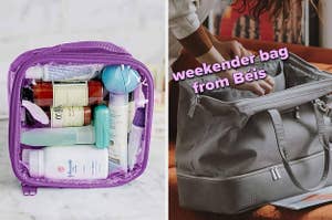 clear toiletry bag with lilac trim full of toiletries / model packing a gray Béis weekender bag