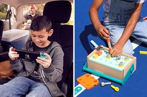 on left: child playing with Nintendo Switch. on right: child playing with colorful wooden toolbox set