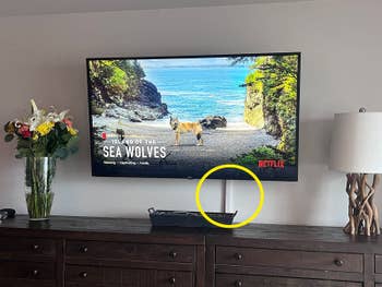 Reviewer's tv with the cord cover seamlessly covering their tv cable