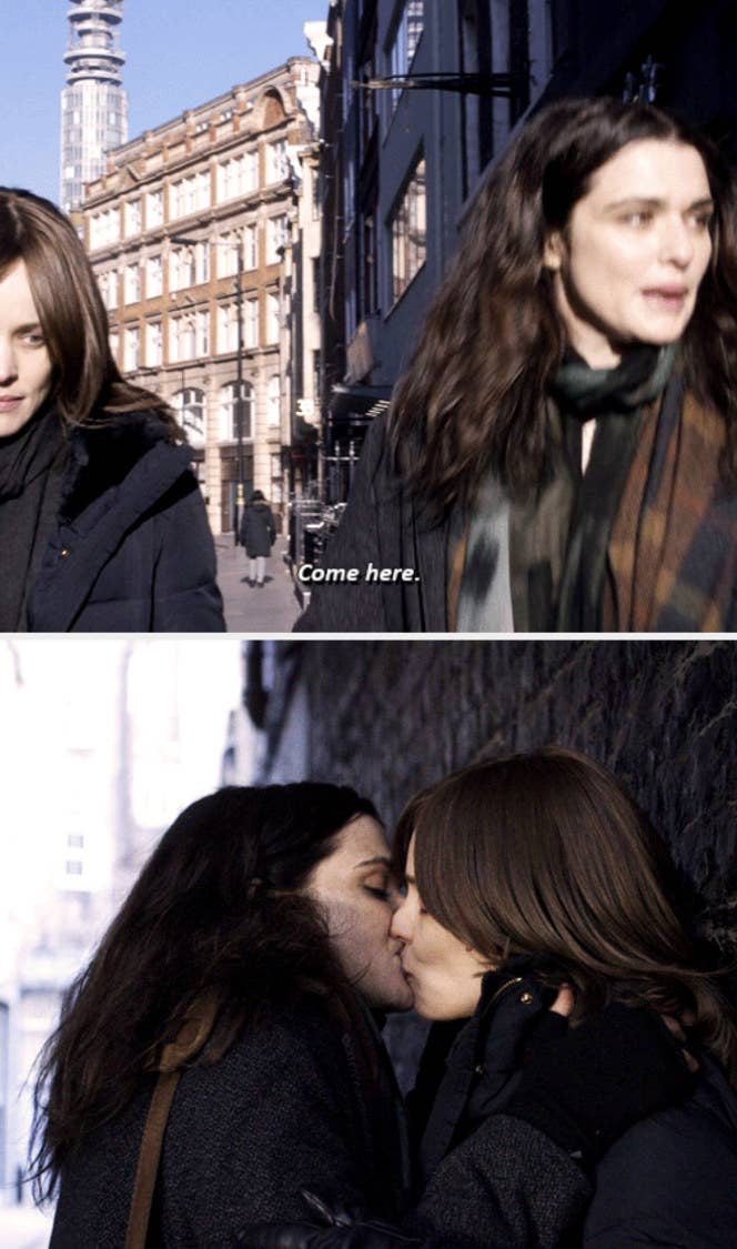 Rachel Weisz and Rachel McAdams in &quot;Disobedience&quot; kissing