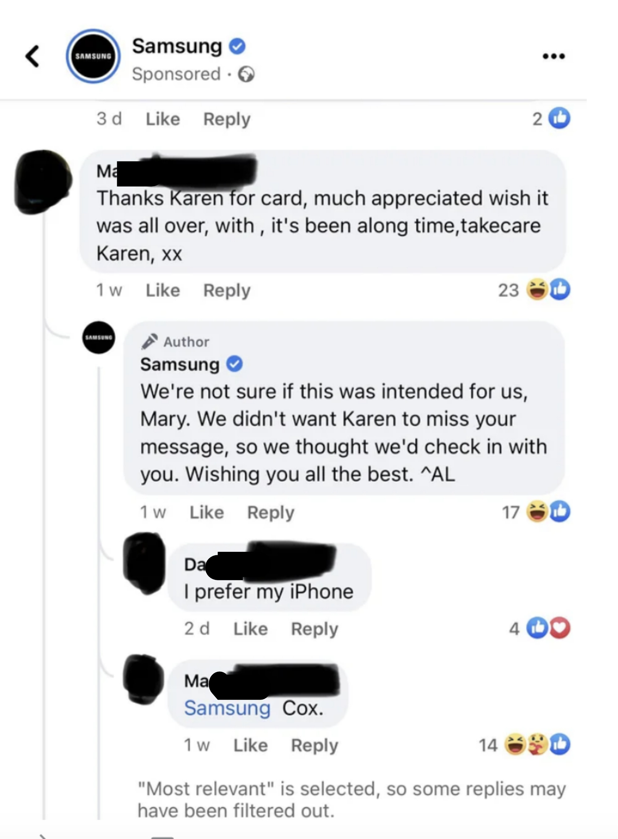 someone leaving a comment under a samsung post