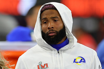 Odell Beckham Jr. #3 of the Los Angeles Rams looks on from the bench area