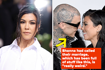 Kourtney Kardashian poses for a photo at the Met Gala vs Kourtney Kardashian and Travis Barker look into each other's eyes and laugh as a photographer takes their photo