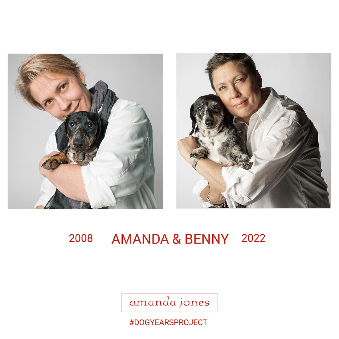 image of a woman holding her dog in the year 2008 and then again in the year 2022 to show the difference in the dogs age and appearence