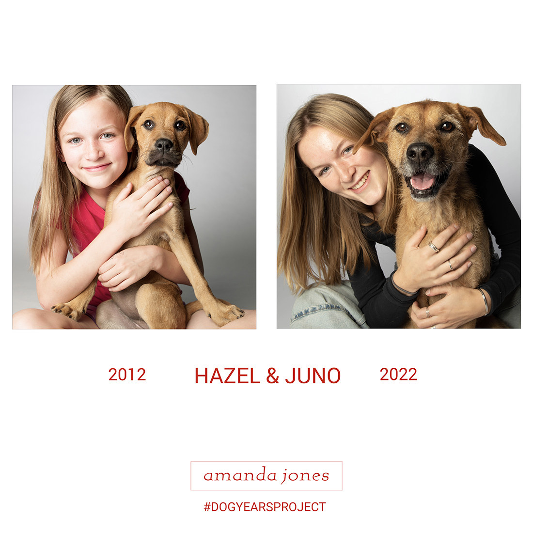 image of a woman with her dog taken years apart from 2012 and again in 2022