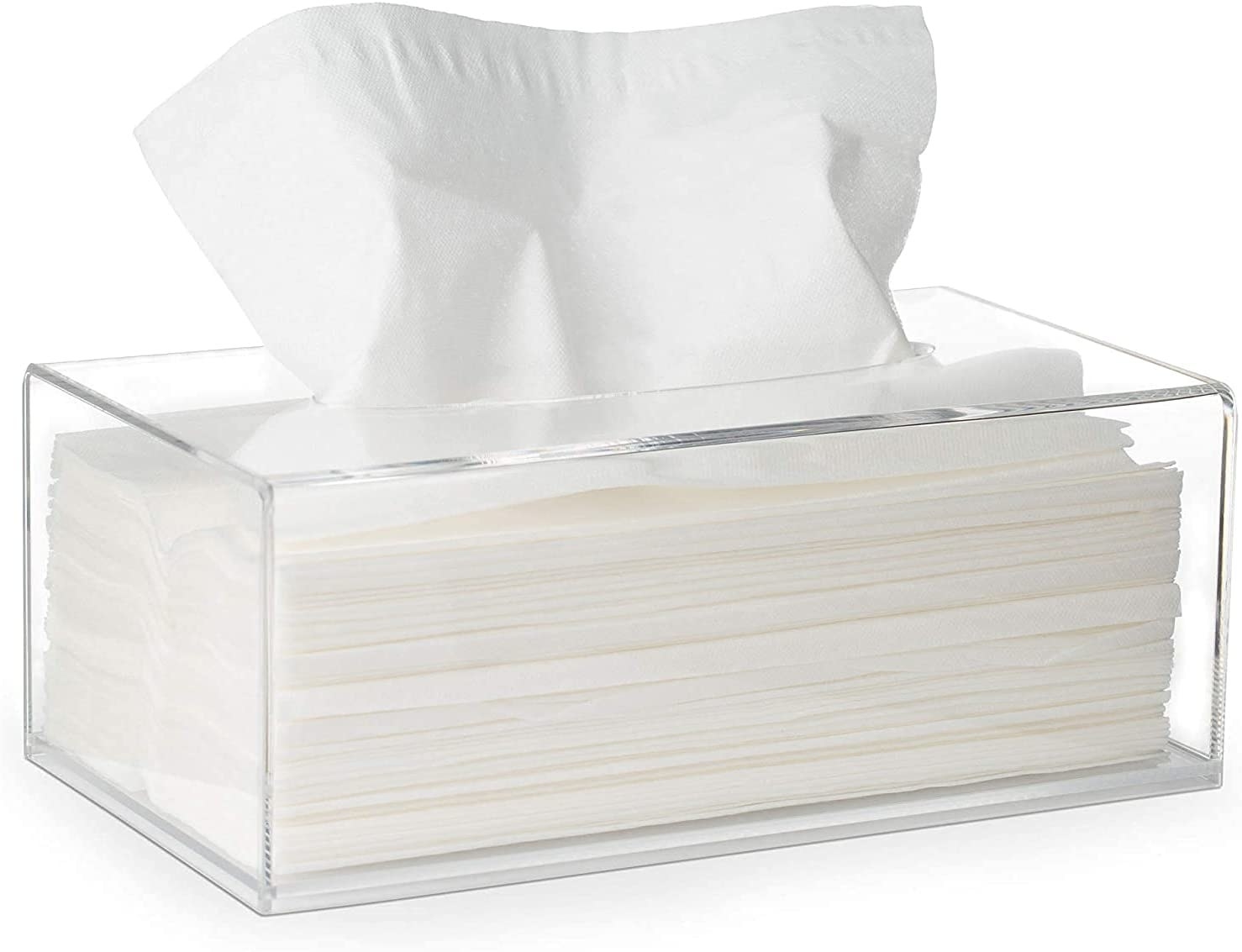 The clear tissue box is stacked with tissues inside it