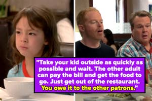 Lily and her dads from Modern Family fighting at a restaurant with text: "take your kid outside as quickly as possible and wait. You owe it to the other patrons