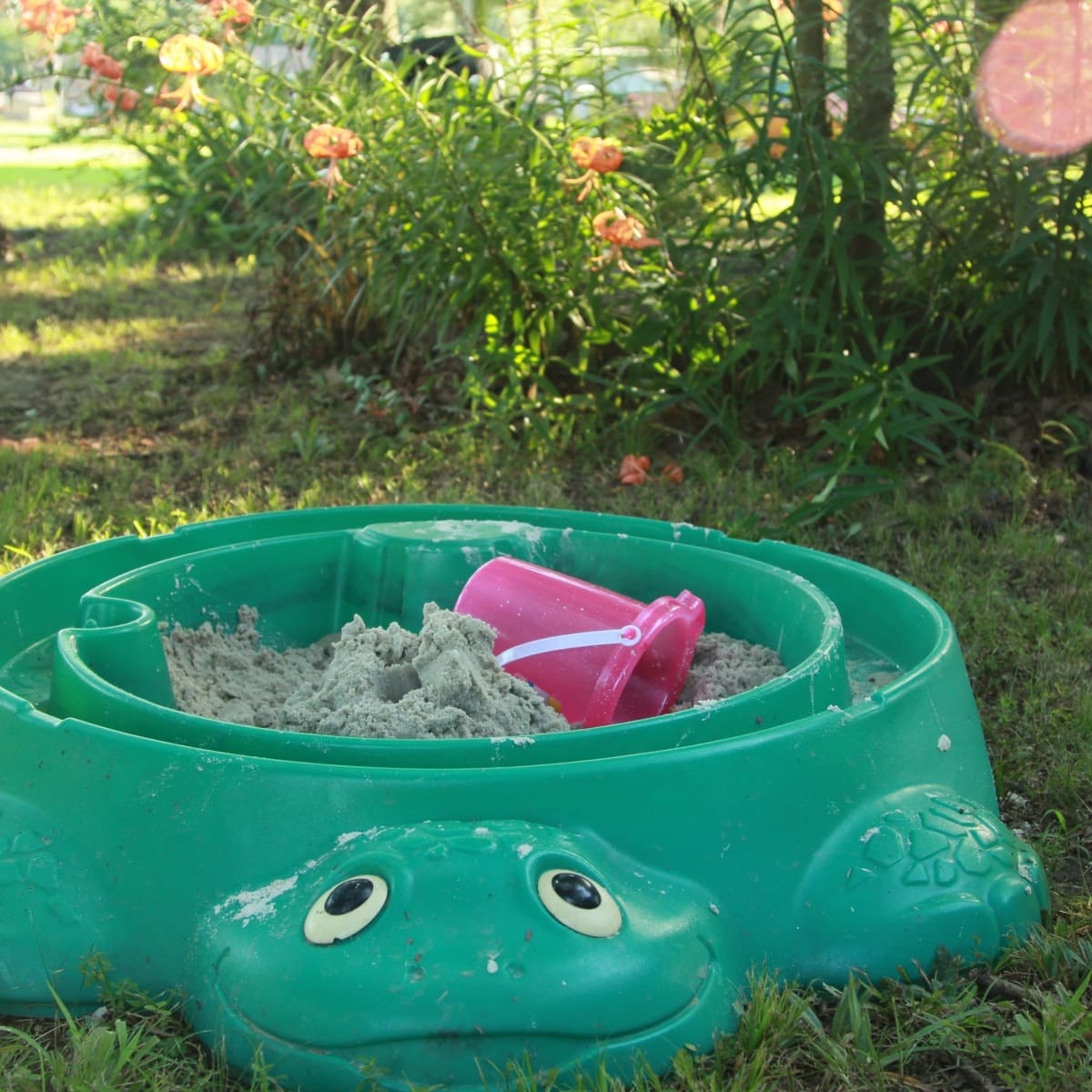 A sandbox in the shape of a turtle with a pail in the sand