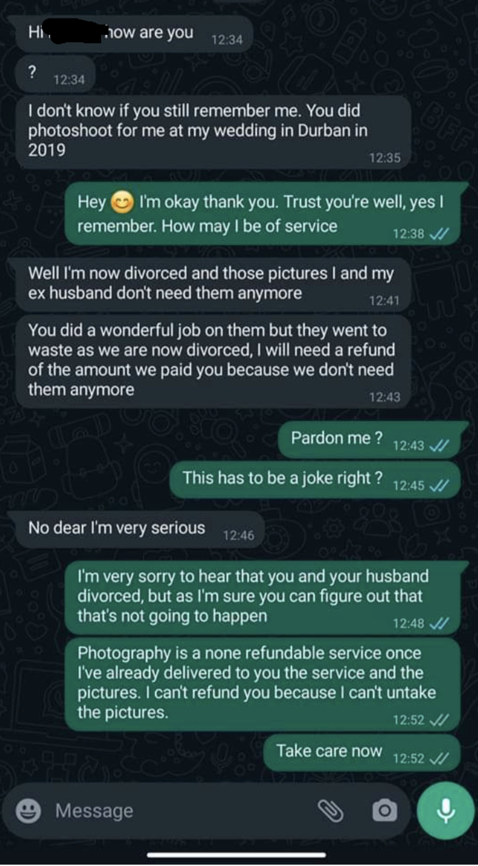 message to get a refund after the divorce