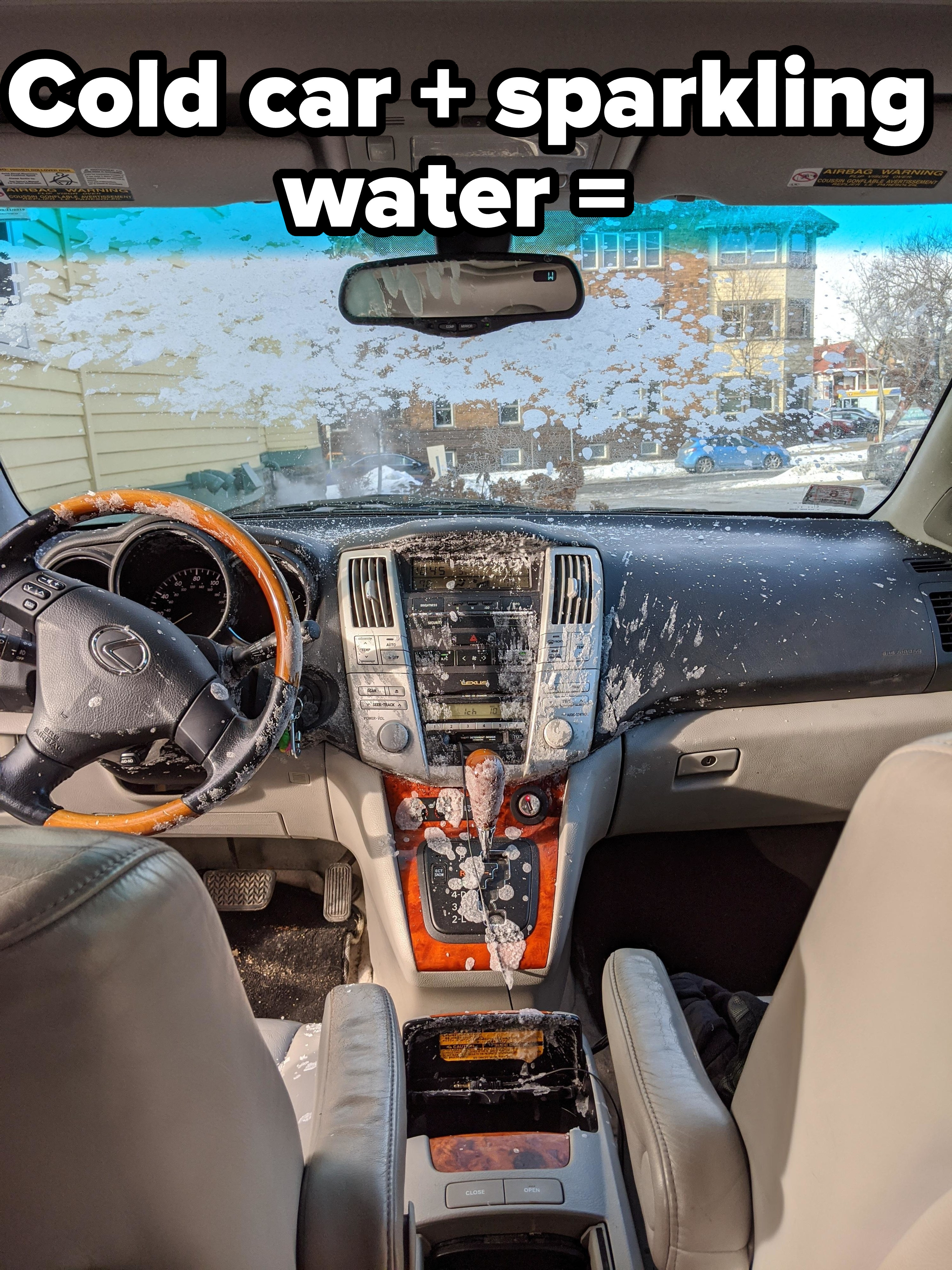 Frozen spattered water in a car