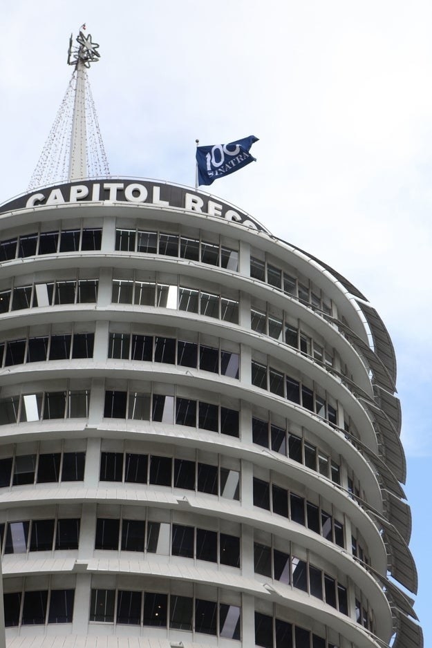 The top of the Capitol Records building, featuring the spire with the blinking light