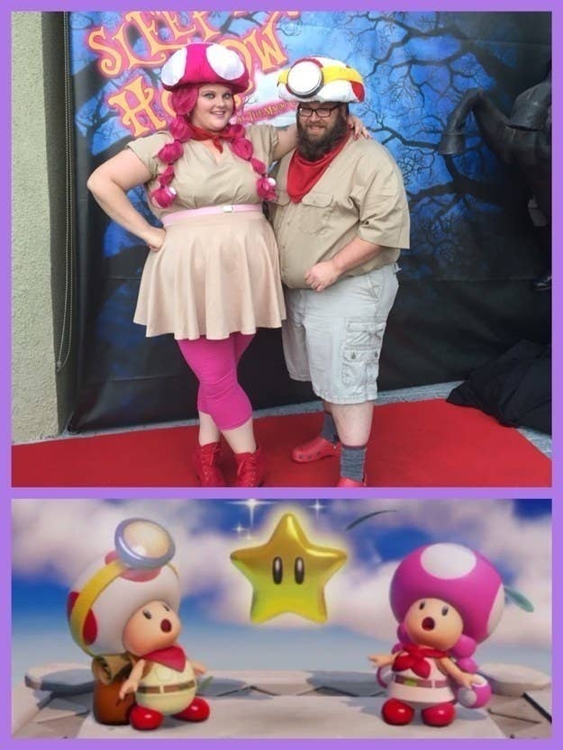 A couple dressed as video game characters Toad and Toadette